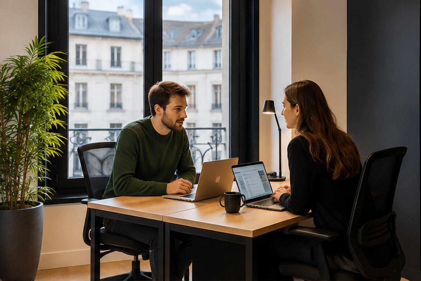 Deux entrepreneurs travaillant dans un bureau privatif à Grenoble