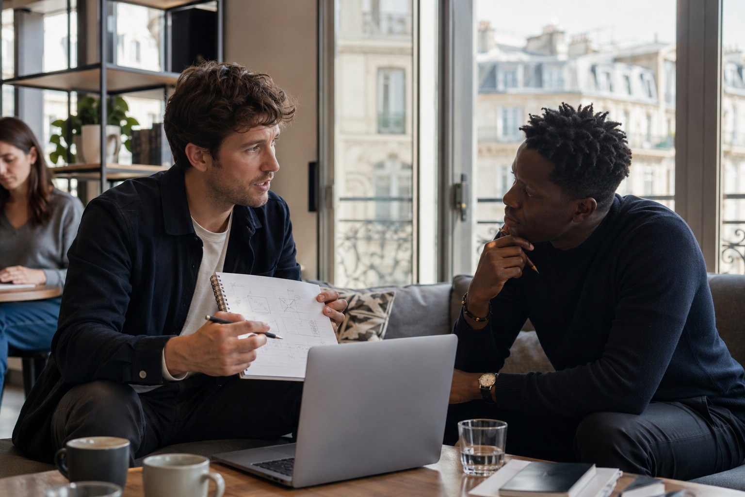 Deux entrepreneurs partageant un conseil professionnel
