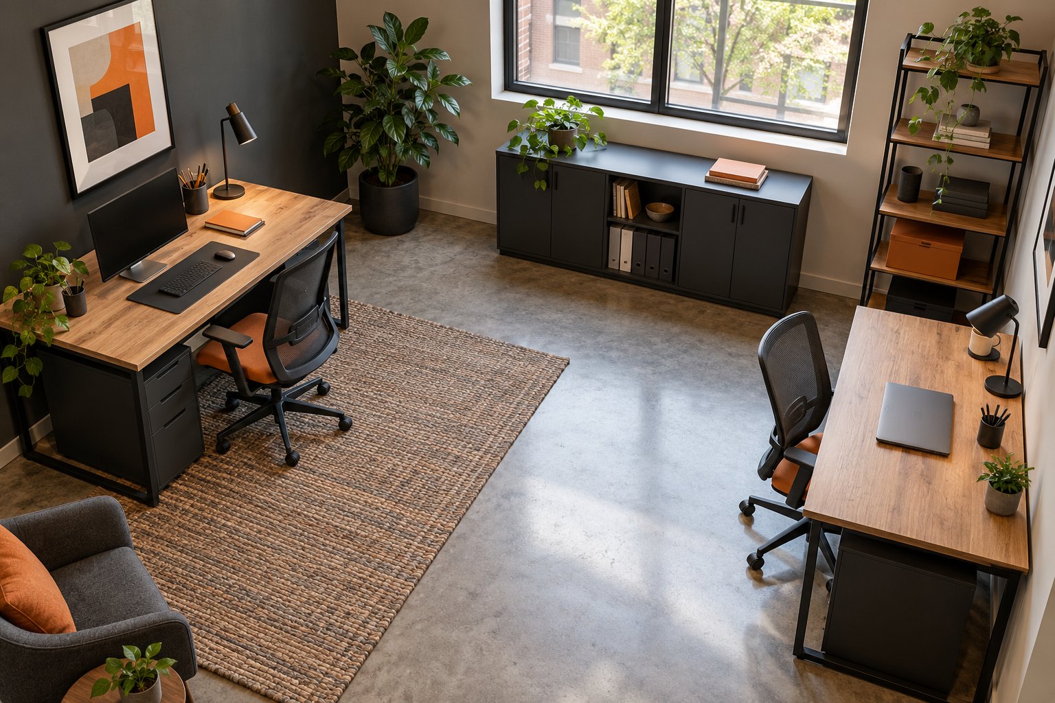 Disposition de deux bureaux avec rangements et circulation dégagée