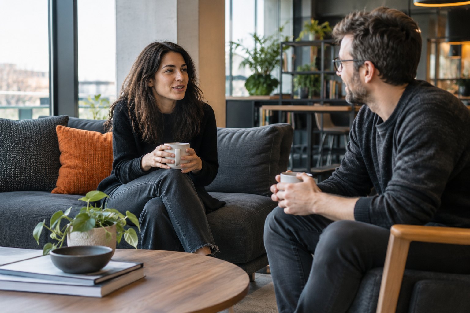 Pause et échange entre deux collègues dans un espace commun
