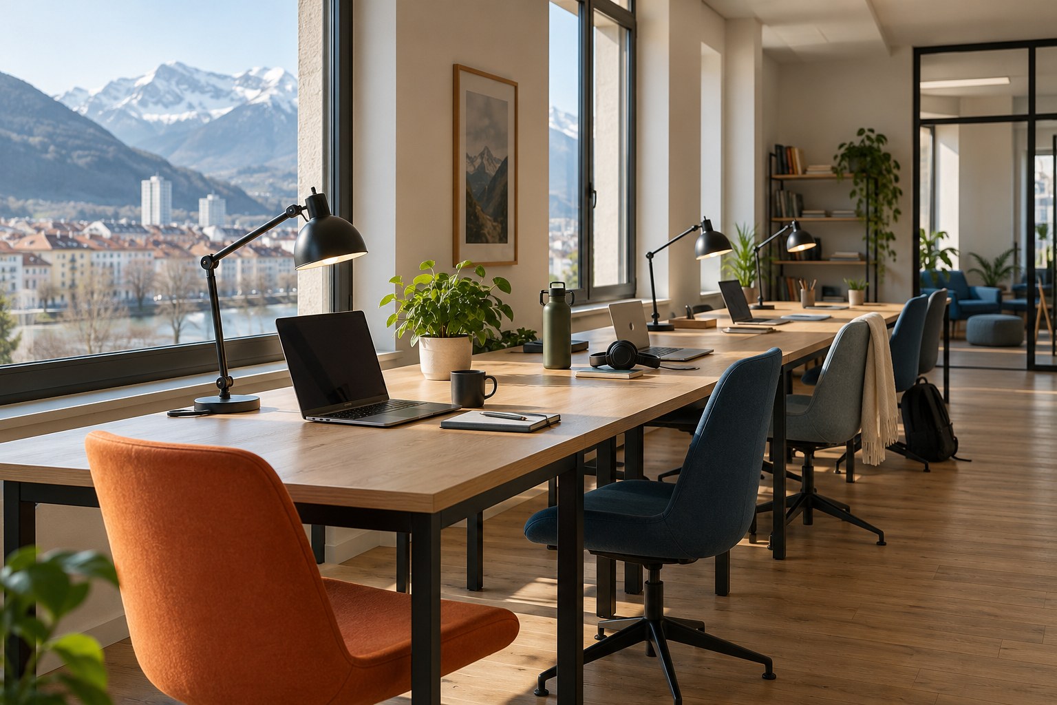 Open space avec postes de travail et circulations dégagées