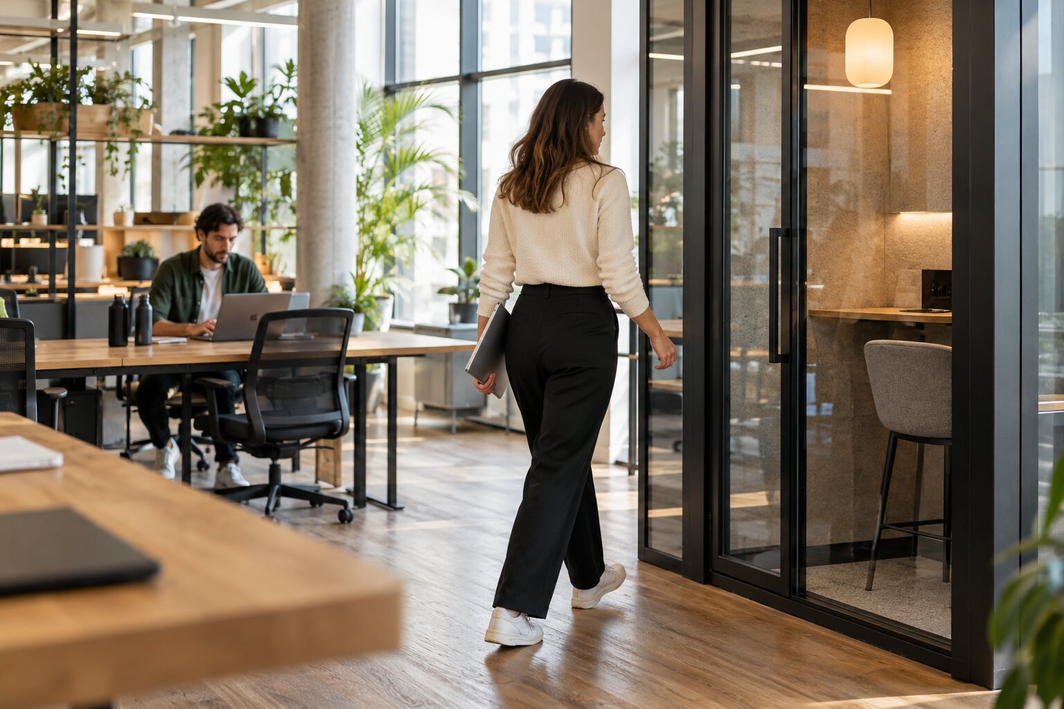 Professionnelle rejoignant un espace d’appel depuis son poste de travail à Grenoble