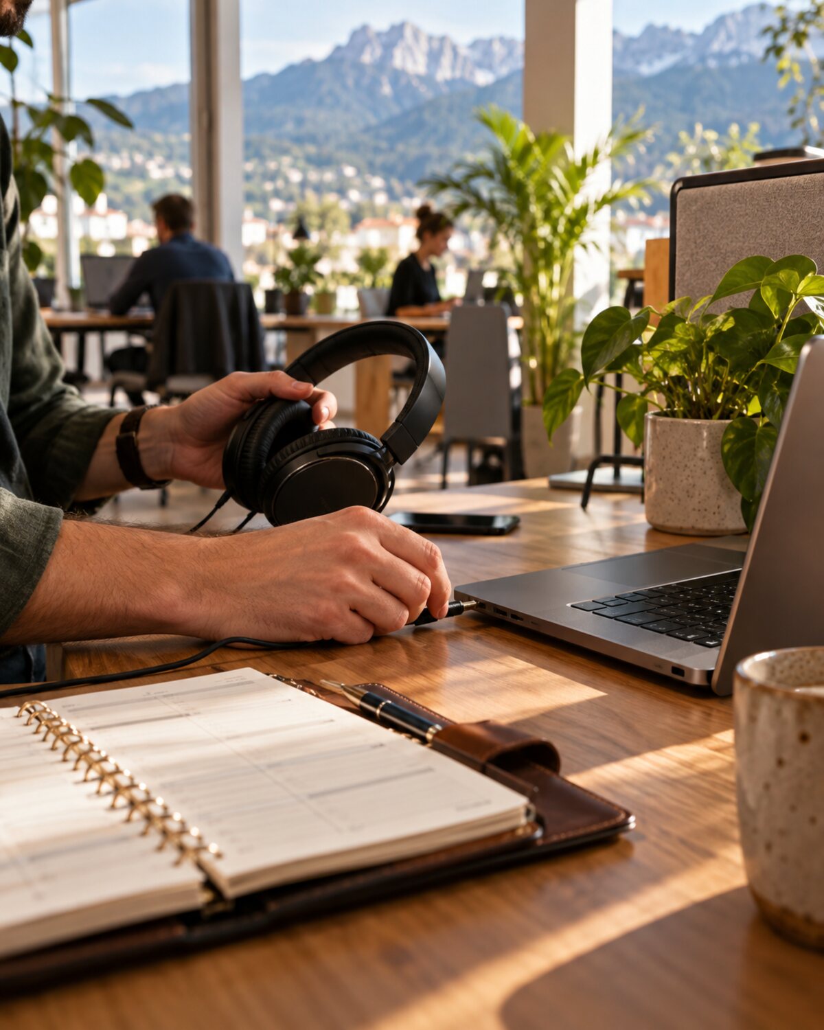Consultant branchant son casque dans un coworking à Grenoble