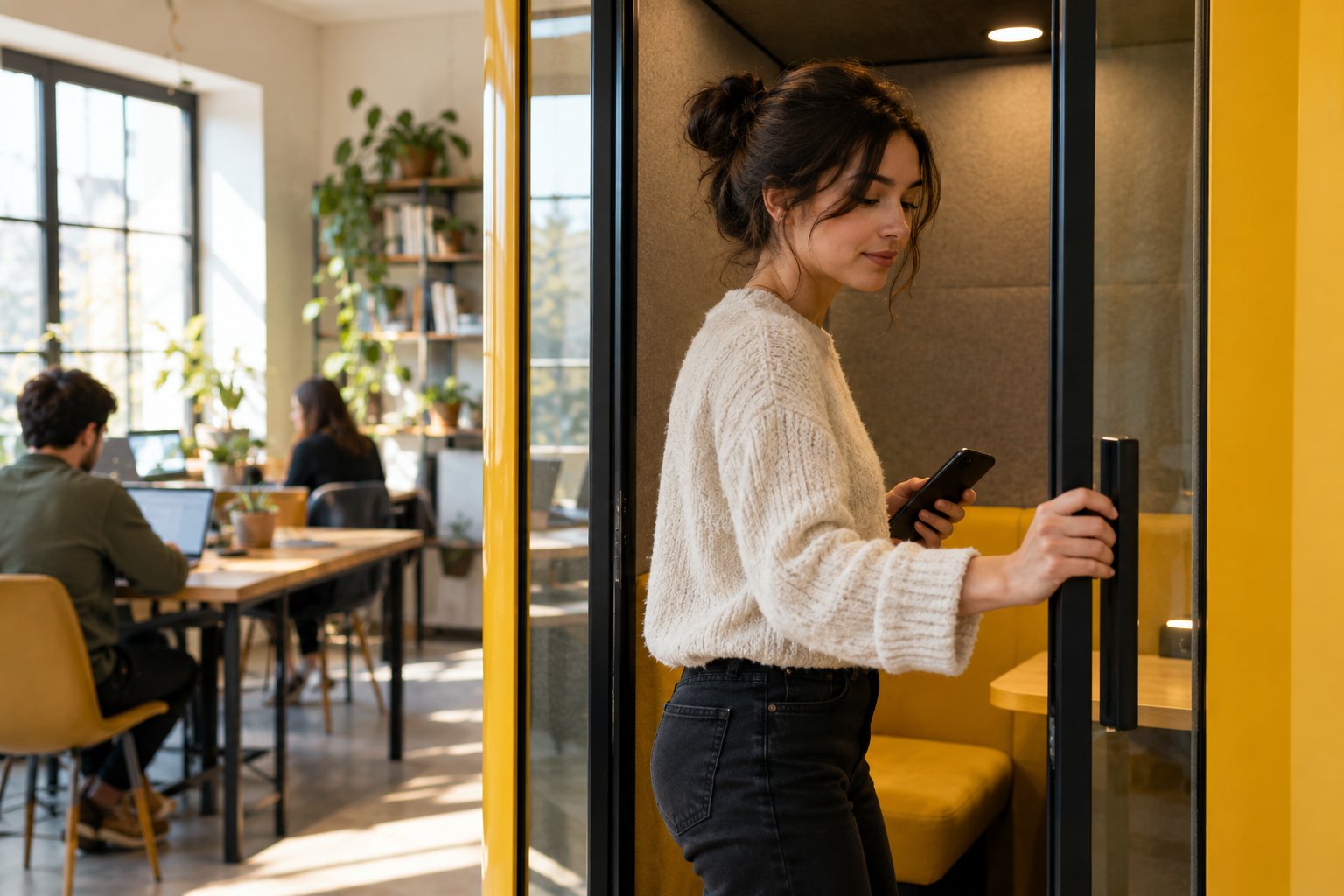 Porte d’une cabine d’appel fermée pour préserver les échanges