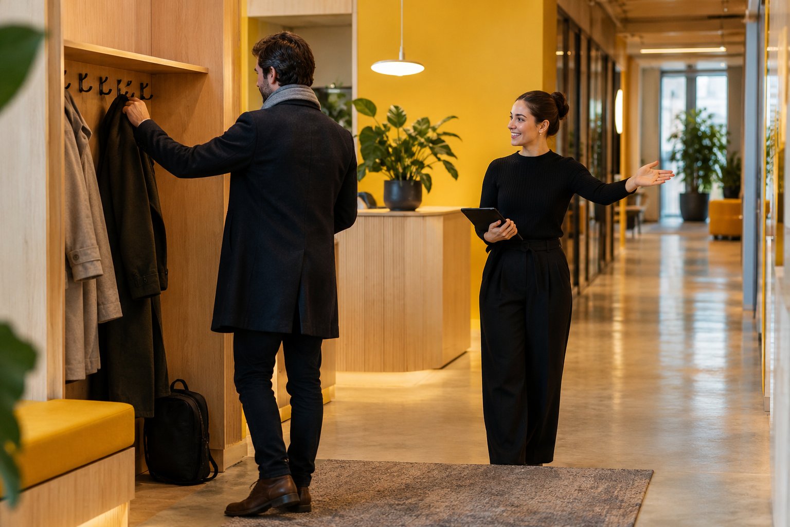 Accueil illustratif d’un visiteur dans un coworking