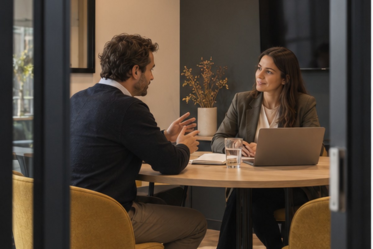 Consultant recevant une cliente dans une salle de réunion à Grenoble