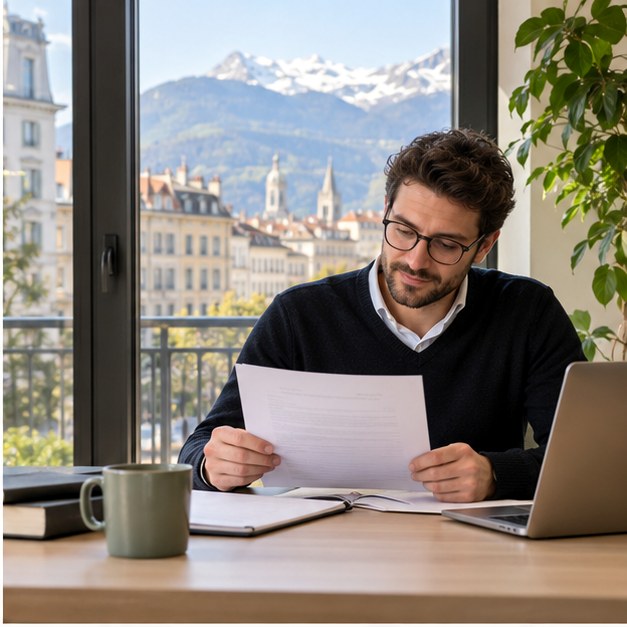 Entrepreneur vérifiant ses documents à une adresse professionnelle de Grenoble