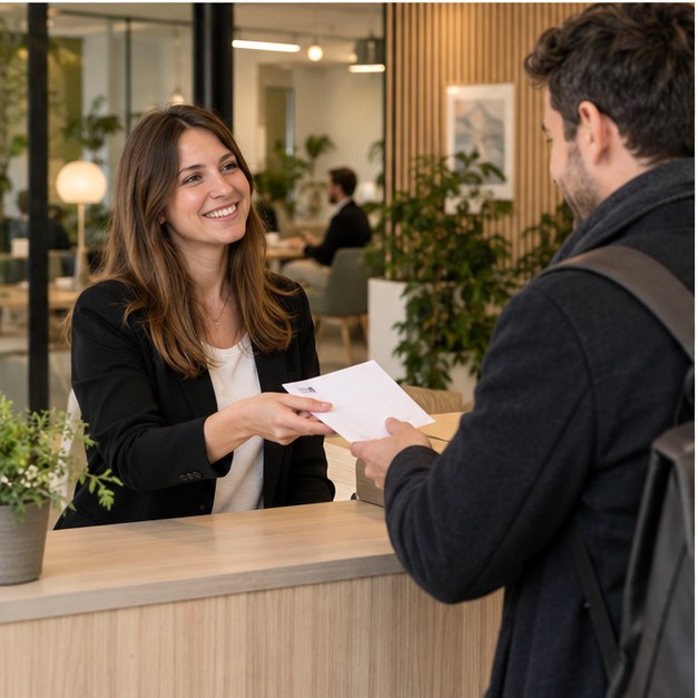 Entrepreneur échangeant à l’accueil d’un espace de domiciliation à Grenoble