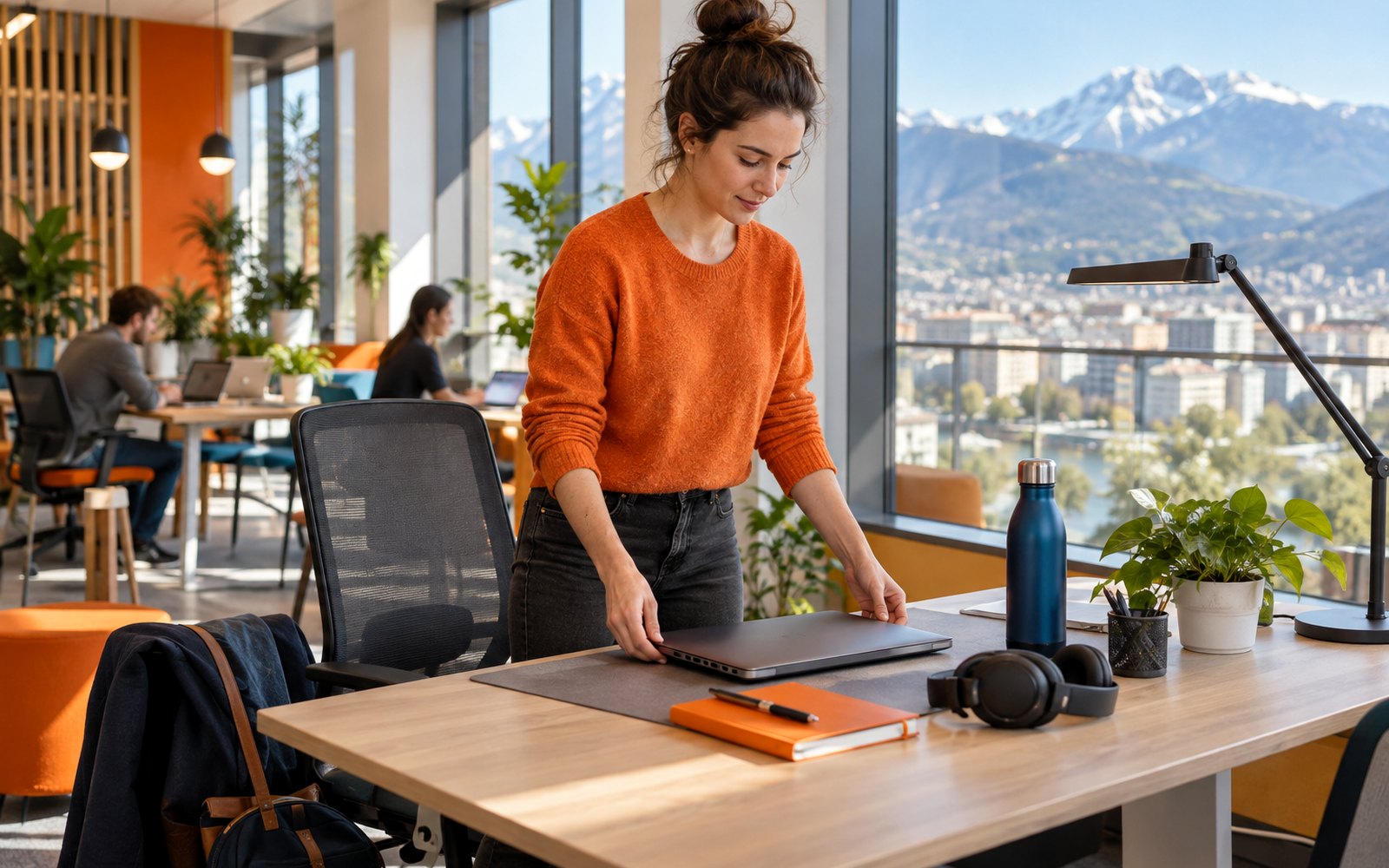 Indépendante organisant son poste dans un coworking grenoblois