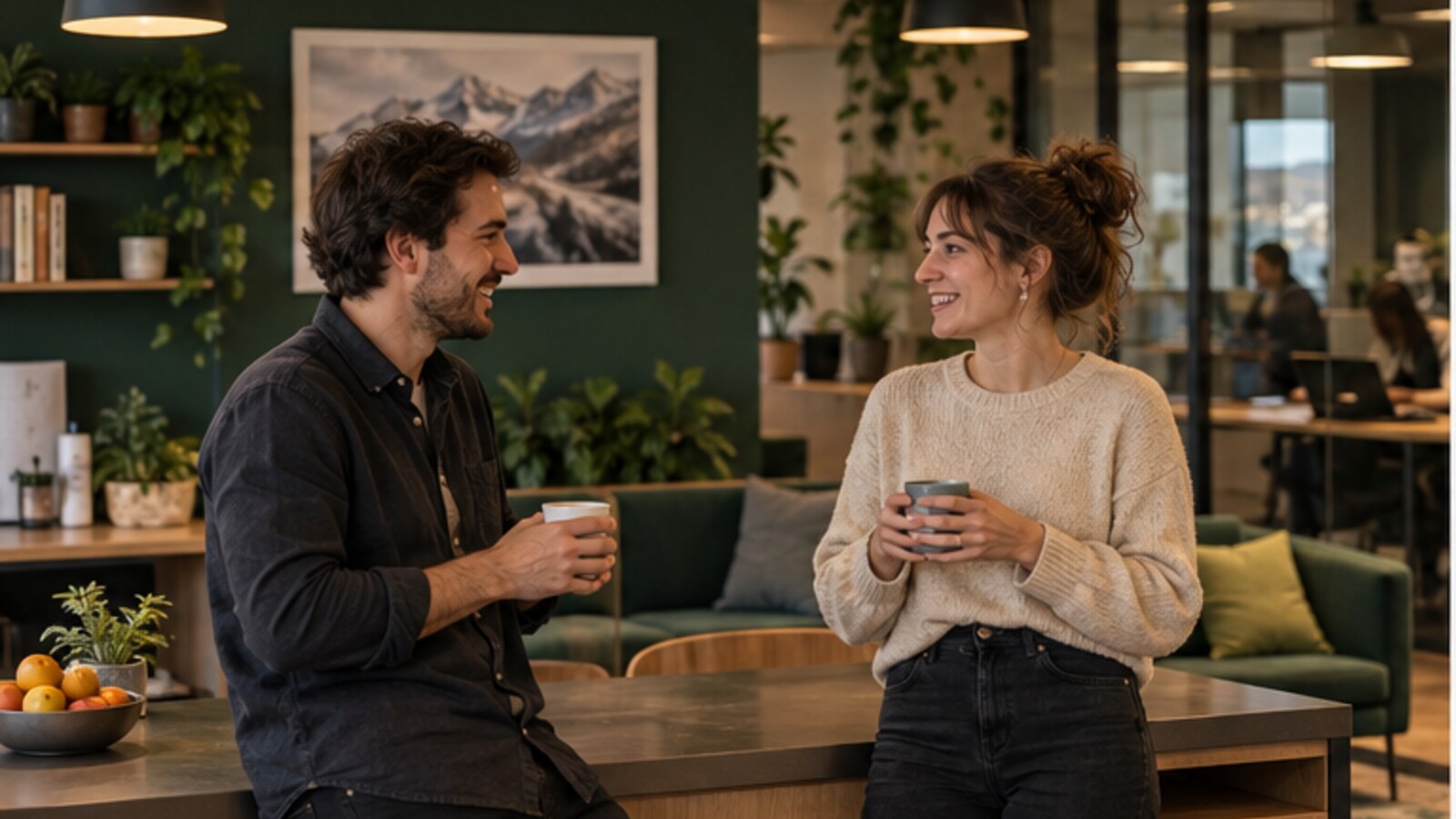 Coworkers échangeant pendant une pause dans un espace de travail grenoblois